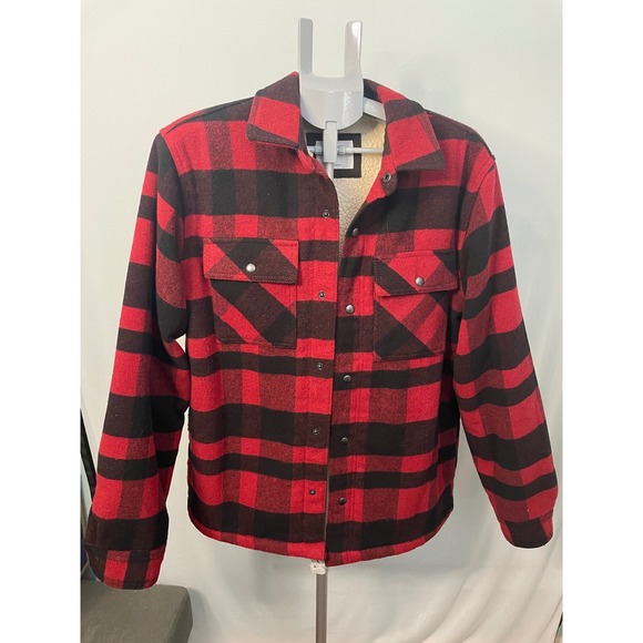 Old Navy Mens Medium Red Black Plaid Sherpa Lined Button Up Shacket Jacket - Picture 1 of 8